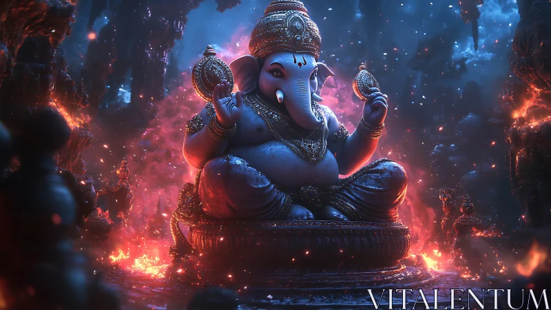 Divine Ganesha statue glows amid mystical firelit cavern