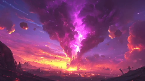 Violet cosmic storm erupts above a glowing alien horizon.