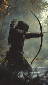 Hooded archer aiming in misty forest river scene.