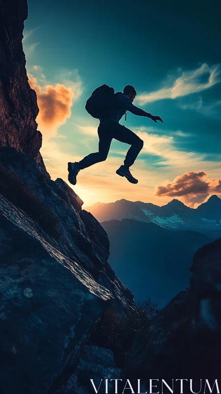 Sunset cliff leaper carving a bold path through skyfire.
