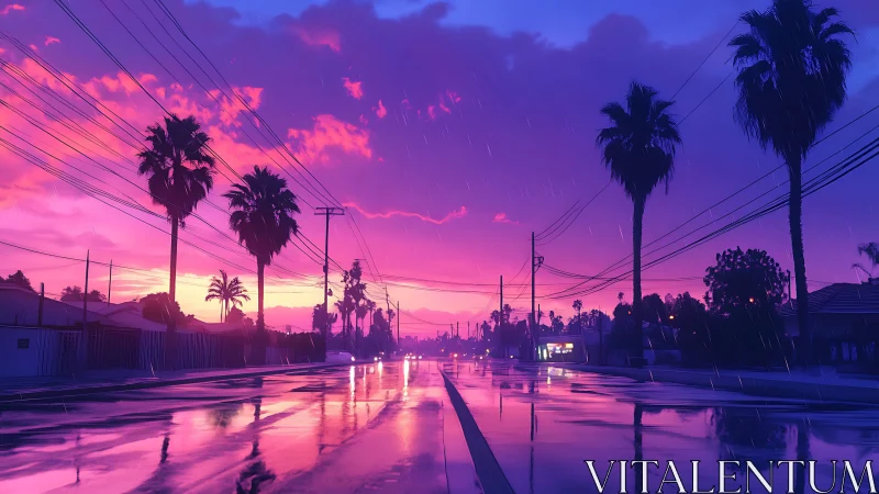 Neon rain over palm-lined suburb streets at electric dusk.