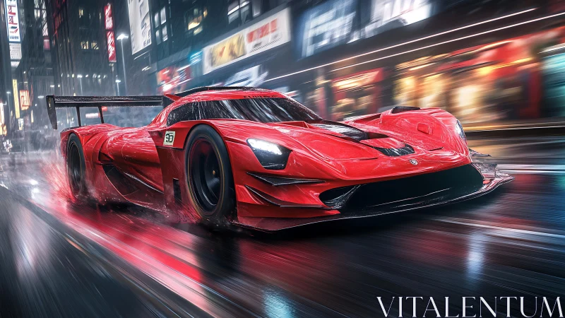 Scarlet hypercar racing through neon-lit midnight streets.