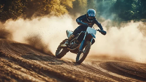 High-speed motocross rider carving dusty berm under warm backlight