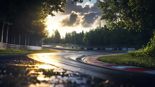Wet racetrack corner reflects low sunset light in photorealism