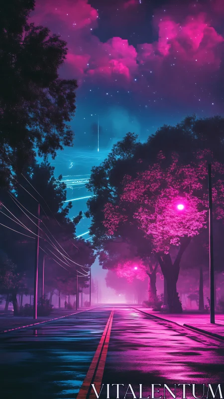 Neon lit midnight street under vivid magenta sky.