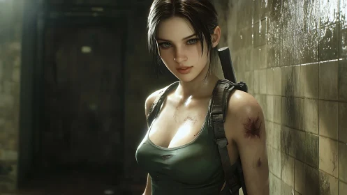 Battle-worn operative in damp corridor, cinematic lighting.