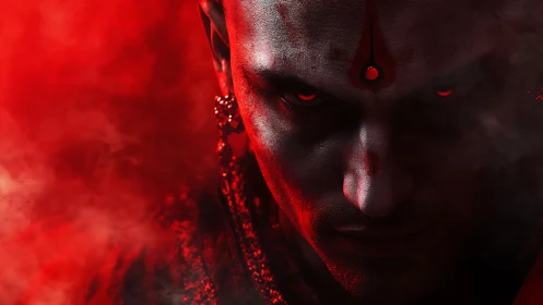 Demonic red-eyed portrait in intense low key crimson light.
