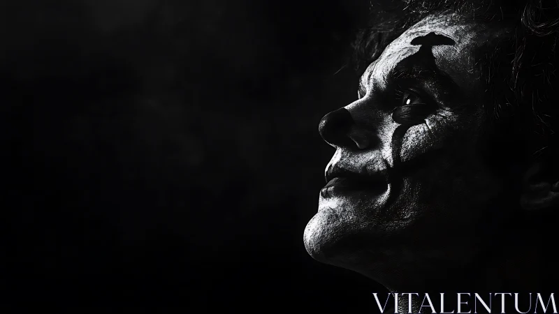 Side profile of person in clown makeup lit by hard key light