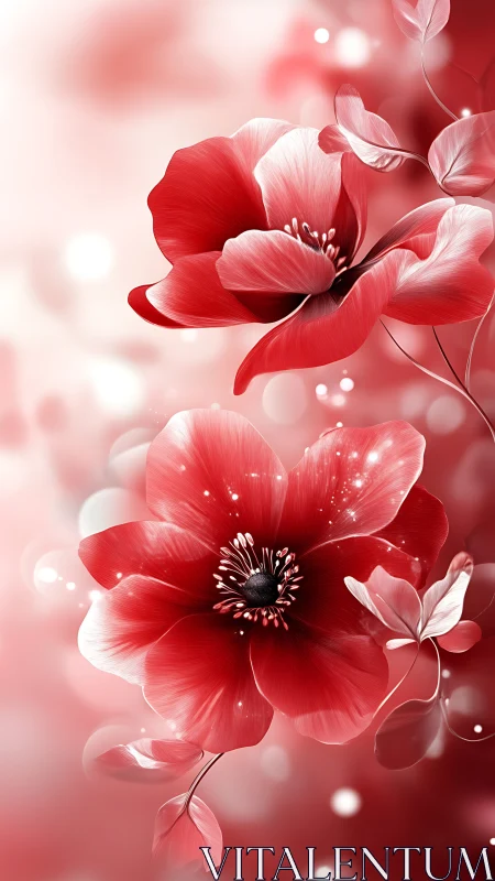 Red Botanical Composition: Layered Digital Flowers with Luminous Bokeh Effects.
