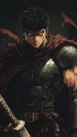 Grim warrior stands strong in tattered crimson cloak and armor