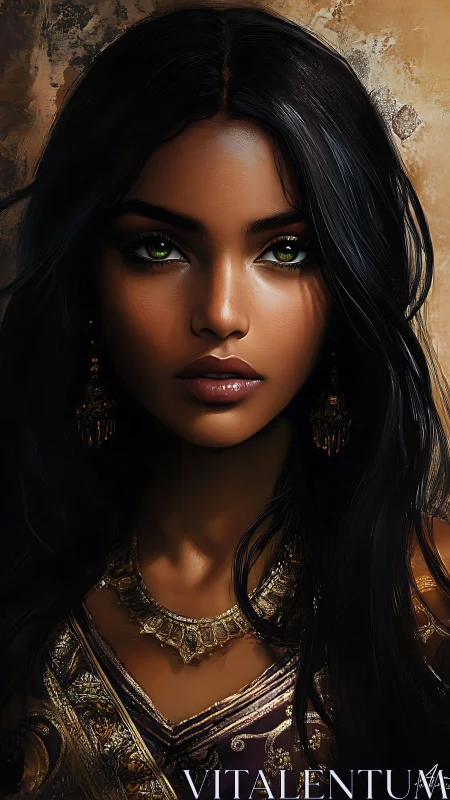 Enchanting woman with emerald eyes in ornate gold jewelry.