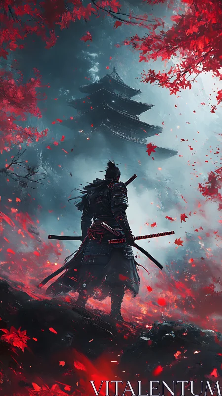 Armored samurai surveys misty pagoda amid saturated red foliage