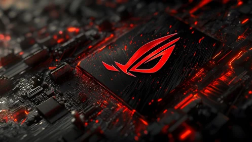 Glowing red ROG logo on futuristic circuit board digital art.