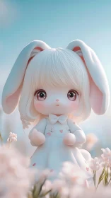 Kawaii bunny doll in pastel flower field at sunrise.