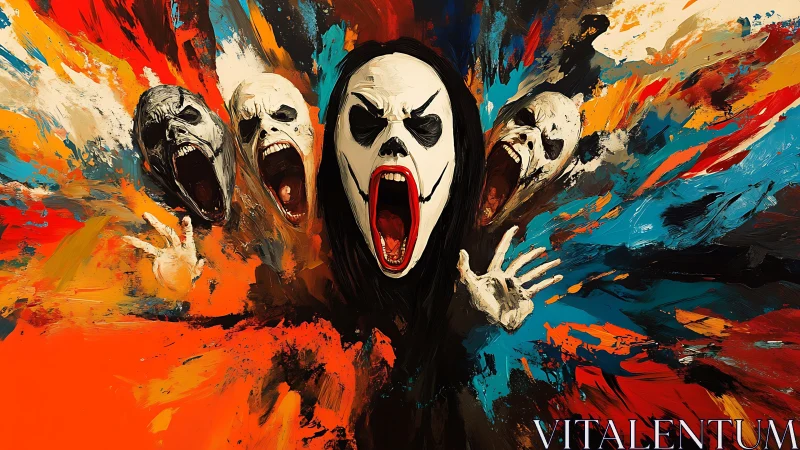 Screaming masked figures in chaotic abstract color field.