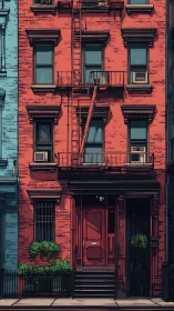 Scarlet city brownstone with teal windows and quiet fire escape.