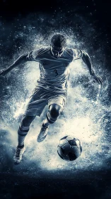 Soccer player in motion with ball amid abstract splashes.