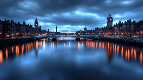 Midnight river mirrors a city’s cobalt hush and ember glow