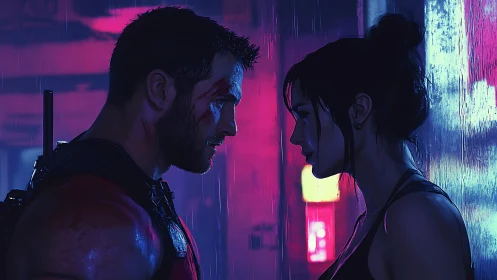 Two rain-soaked lovers confront danger under neon light
