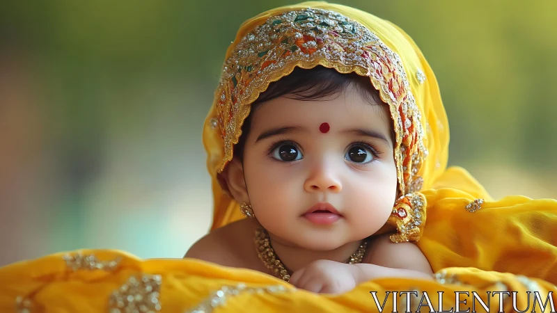 Ornamental Infant in Golden Silk: South Asian Cultural Portrait Study.