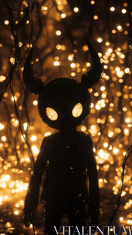 Horned shadow figure stands amid glowing golden bokeh lights.