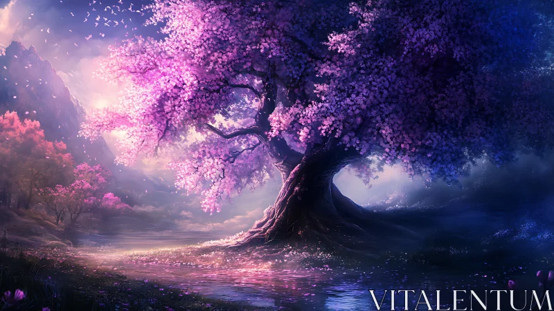 Twilight landscape with luminous pink and violet tree.