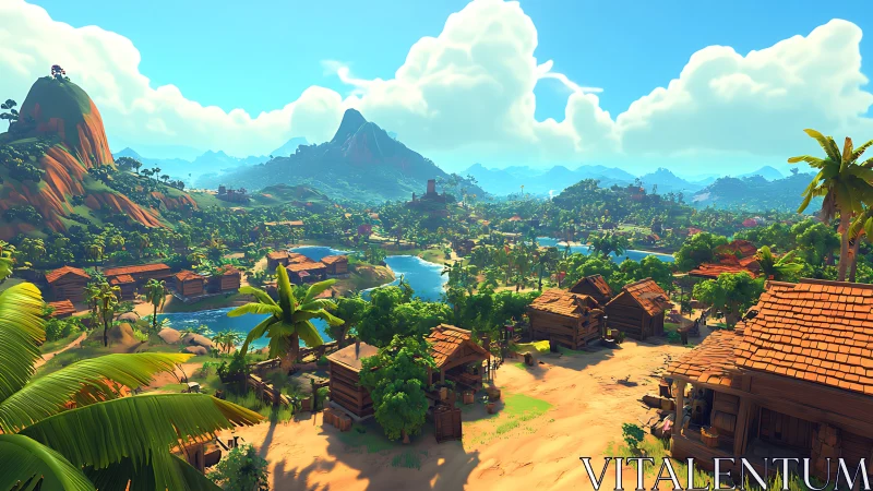 Tropical Village Valley Nestled Among Mountains and Waterways