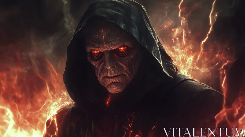 Hooded fire-eyed warlock emerging from molten shadows.