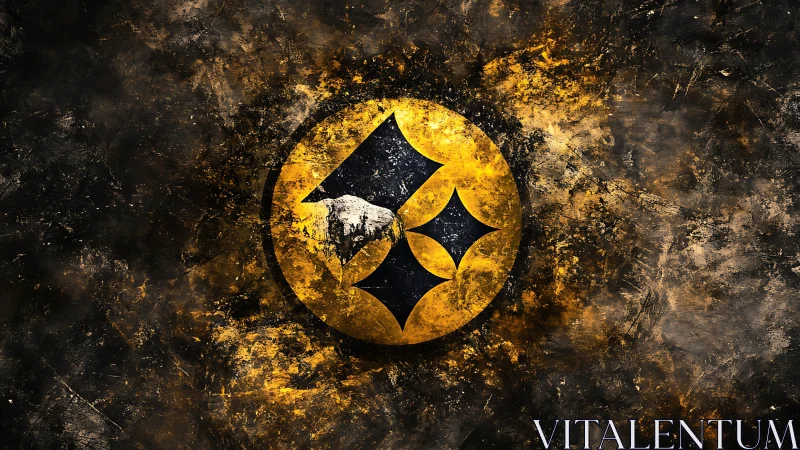 Distressed yellow emblem with angular star cutouts on grunge field.