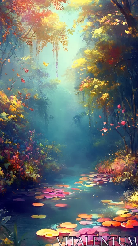 Enchanting forest stream with colorful floating lily pads.