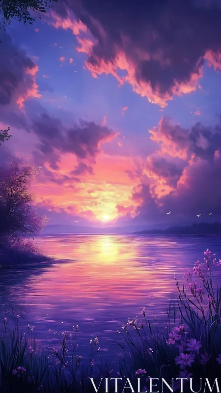 Vivid purple and pink sunset over calm reflective lake.