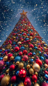 Towering festive tree with multicolored ornaments and star top.