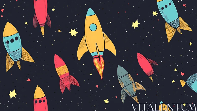 Playful cartoon rockets soar through a starry night sky