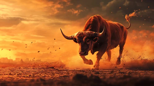 Charging bull on dusty plain under orange sunset sky.