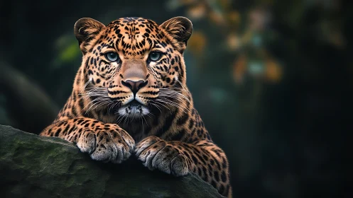 Photorealistic leopard portrait with shallow depth of field.