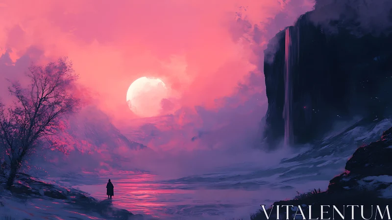 Solitary figure in pink mist landscape with waterfall at dusk.