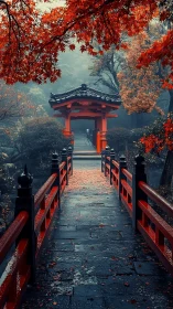 Red torii bridge leads into a misty Japanese autumn garden