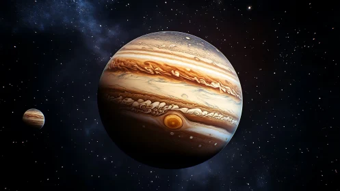 Jupiter gas giant rendered with vivid bands and swirling storm