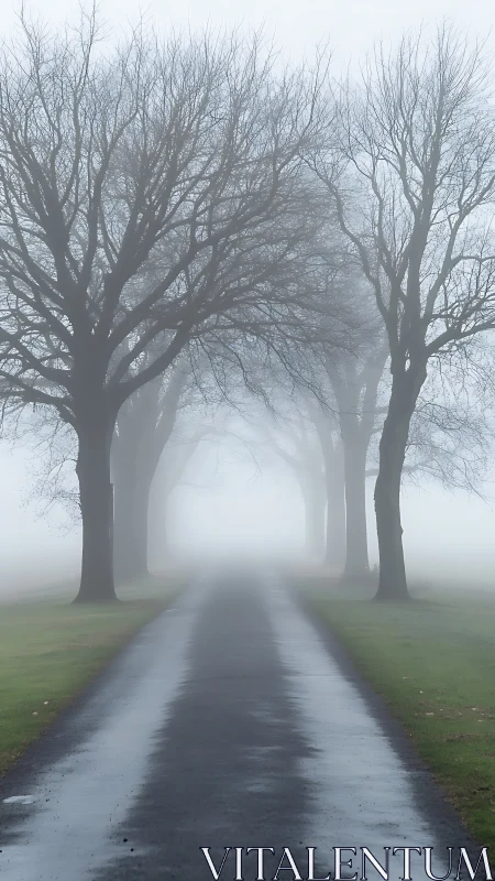 Foggy tree-lined road vanishes into soft white distance.