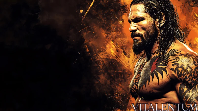 Tattooed warrior stands strong against a blazing stormy sky.