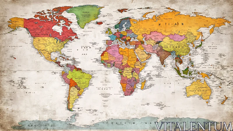 World political map with colored countries and aged texture.