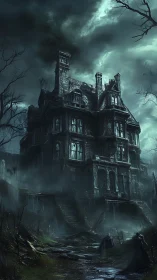 Dilapidated multistory mansion in dark stormy landscape.