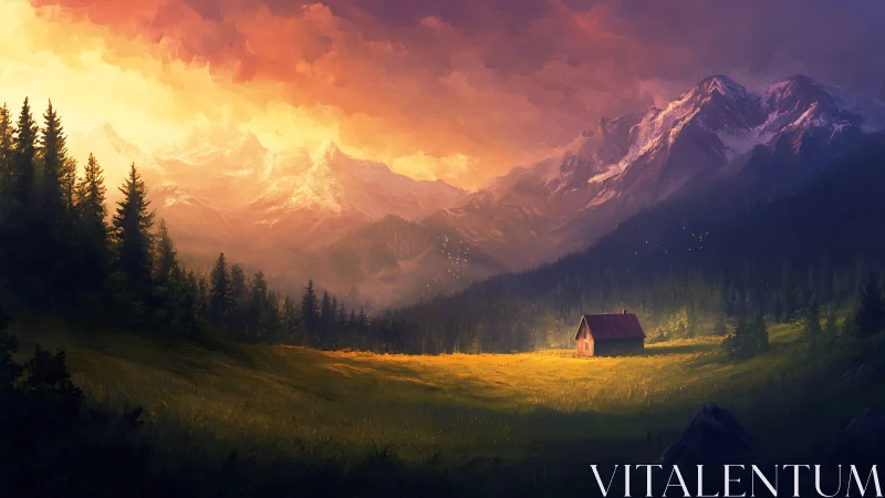 Solitary chalet in glowing alpine meadow at sunset.
