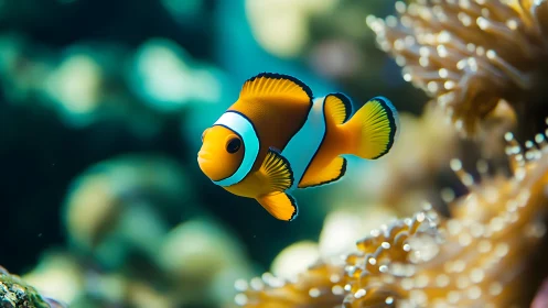 Clownfish glides through coral reef with vivid bokeh background.