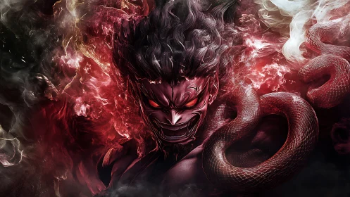 Demonic serpent avatar in infernal smoke digital painting.