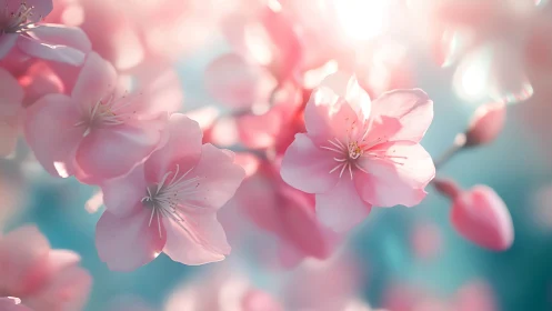 Soft sunlight caresses pastel pink cherry blossoms in bloom