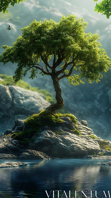 Solitary tree on rocky islet above calm reflective water.