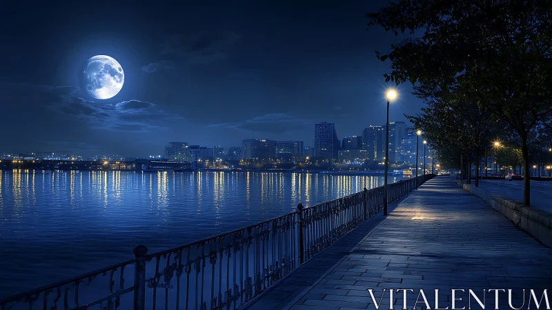 Full moon over riverside promenade in cool blue nocturne