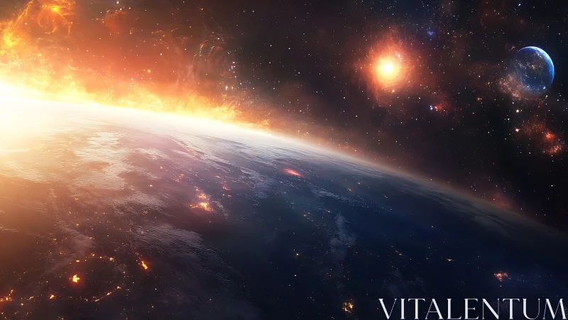 Thermodynamic sunrise over exoplanetary horizon in deep space.