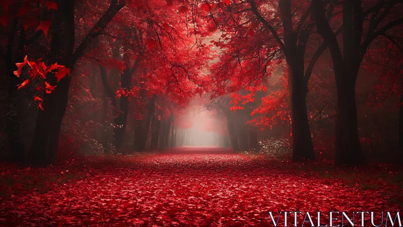 Crimson Canopy: Forest Path Blazing in Autumn's Red Spell.